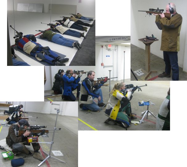 Image collage of many people shooting rifles. The first image is of people shooting prone. Clockwise next image is of a man aiming a rifle standing up. Next image is of people aiming rifles while kneeling. Next image is of people aiming rilfes while sitting on the floor.