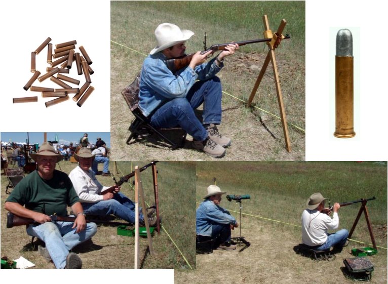 Image collage. First image is of a small pile of bullet casings. Clockwise next image is of a person sitting in a small chair aiming a muzzleloader with a front sight attached on a bipod. Next image is of a bullet. Next image is of two people: one person is to the left sitting on the ground using a scope. The person to the right is sitting on the ground aiming a muzzleloader with a front sight attached on a bipod. Next image is of two people wearing hats and smiling while sitting on the ground. One person is behind the other holding a muzzleloader with a front sight attached resting on a bipod. The other person is sitting on the ground in front of the other resting a muzzloader on his knees.
