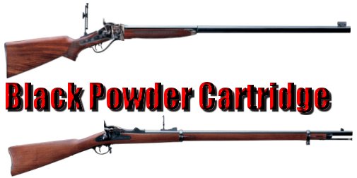 In red text: Black Powder Cartridge. Above text is an image of a muzzleloader rifle with front sight attached. Below text is an image of a muzzleloader rifle.